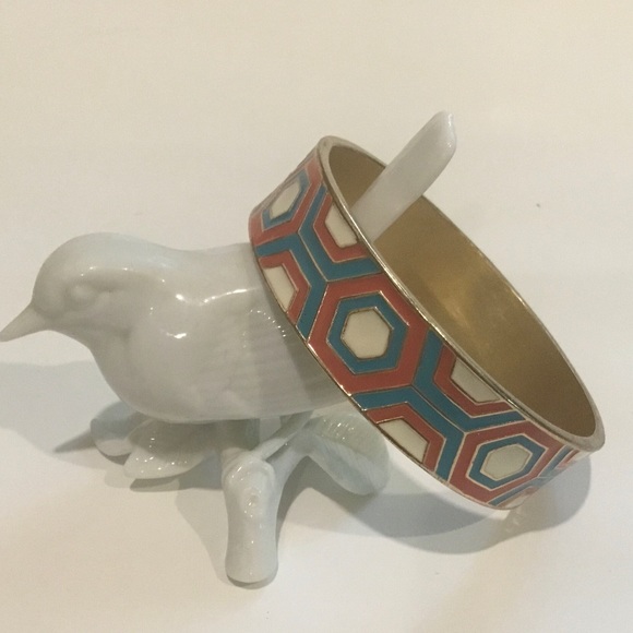 Solid bracelet with abstract design in retro colors. Gold-tone base. - Picture 2 of 4